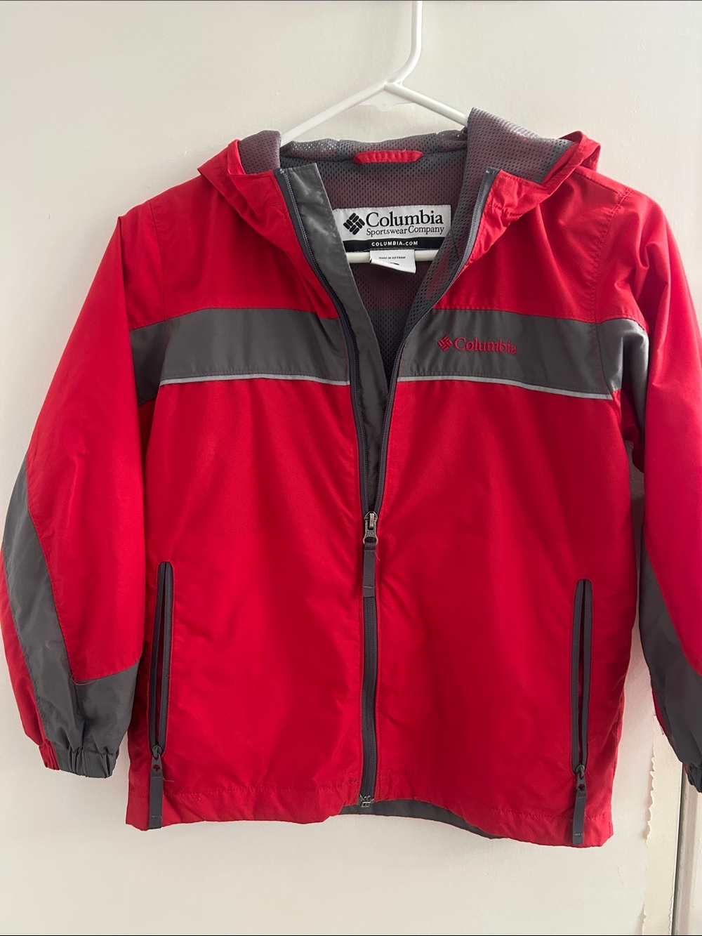 Columbia Kids Red and Gray Hooded Rain Jacket